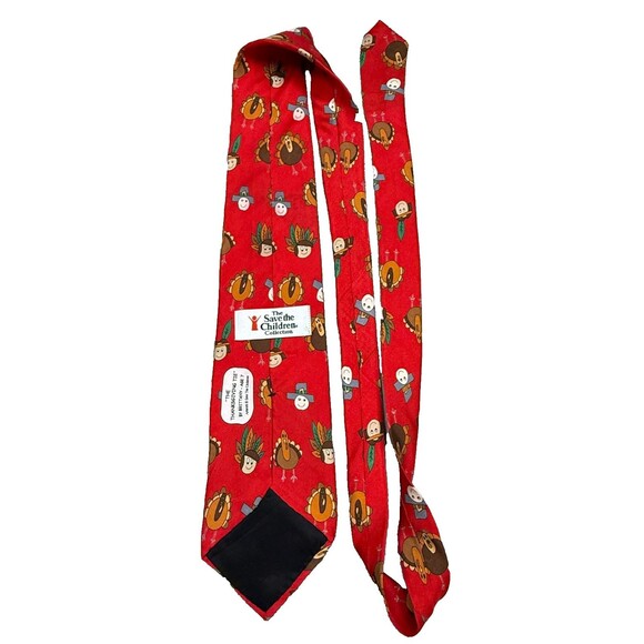 Save the Children Red Silk Tie THANKSGIVING Turkey Vintage 90s USA Made Necktie - Picture 4 of 7